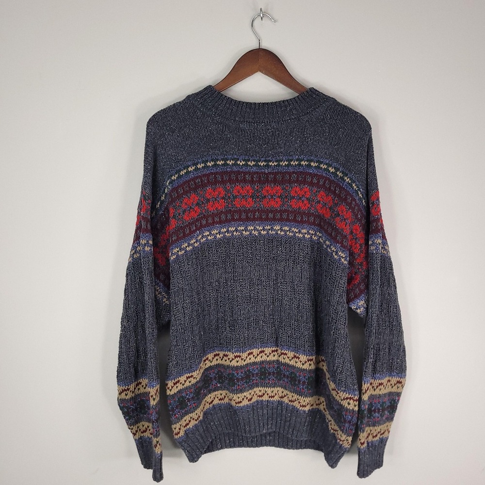 GANT Sweater Mens Large Gray Fair Isle Nordic Crewneck Knit Pullover Made in USA